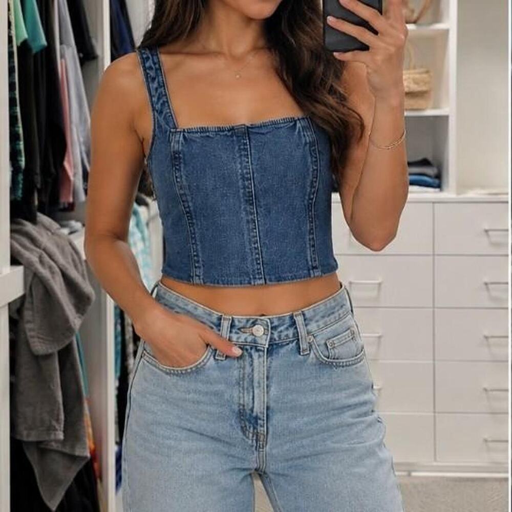 Loft blue denim mini crop top